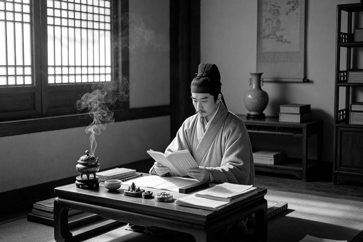 Song Dynasty scholar appreciating incense beside tea, calligraphy and books