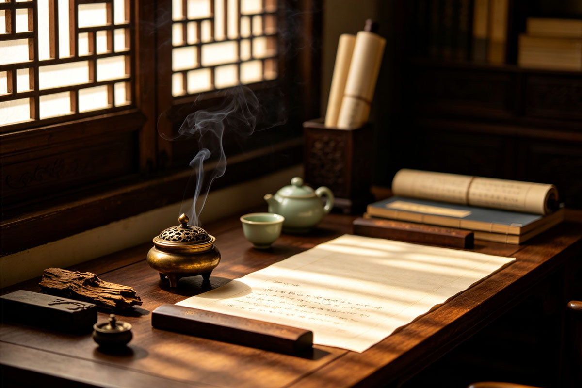 Traditional Chinese incense ceremony with an incense burner, tea and aromatic woods